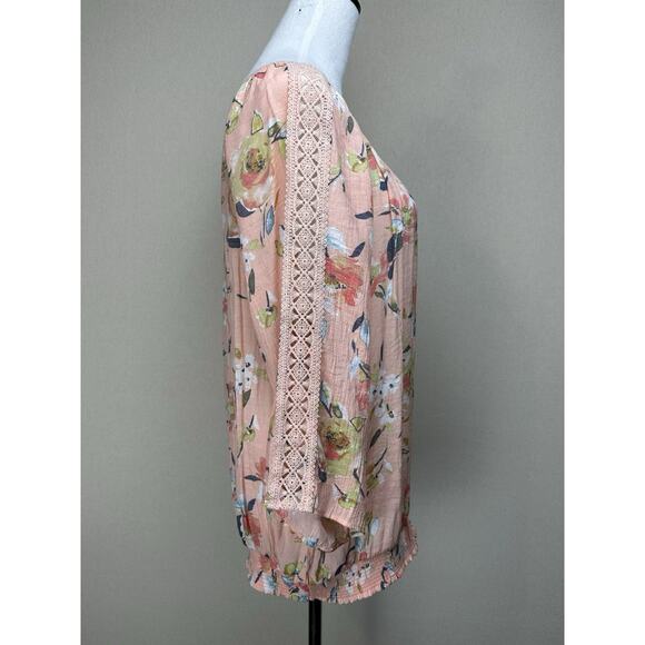 Hope & Harlow Women’s Size XL Peach Floral Top Gathered Neck Elastic Waist - Picture 5 of 13